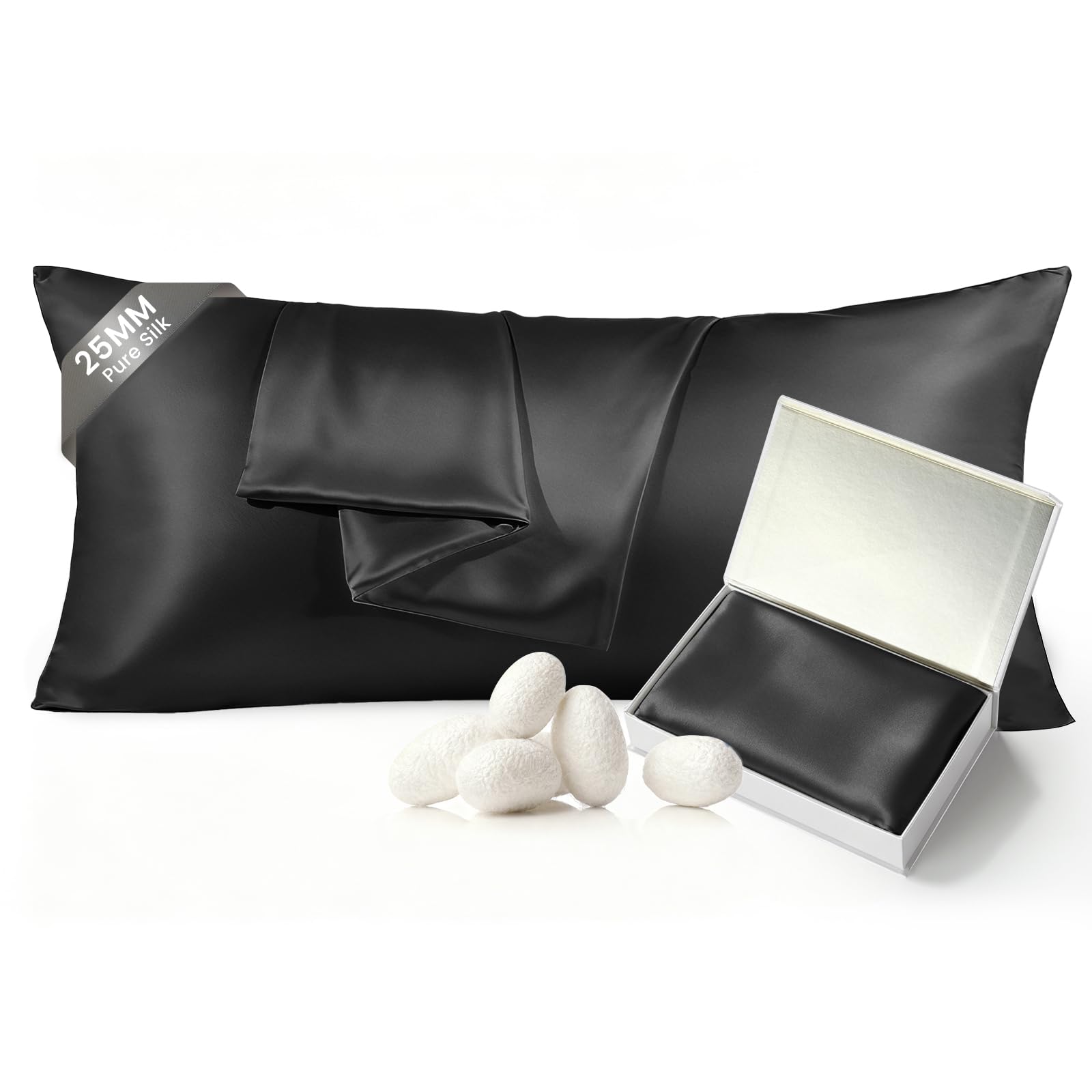 THXSILK 25 Momme 100% Mulberry Silk Pillowcase, Body Size Pillowcase, Black