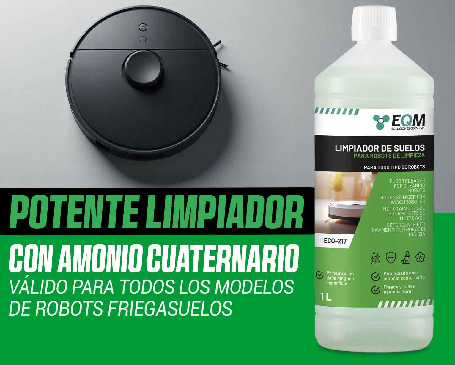 EQM - ECO-217 - Limpiador de Suelos para Robots de Limpieza - 1L - Válido para Cualquier Superficie gracias a su pH Neutro - Aroma Floral