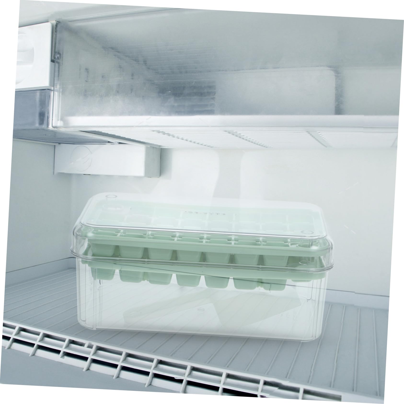 WOONEKY Bandeja para Cubitos de Hielo Doble con Tapa y Contenedor Molde Reutilizable Transparente Verde para Hacer Cubitos Fáciles de Extraer Frigorífico Doméstico