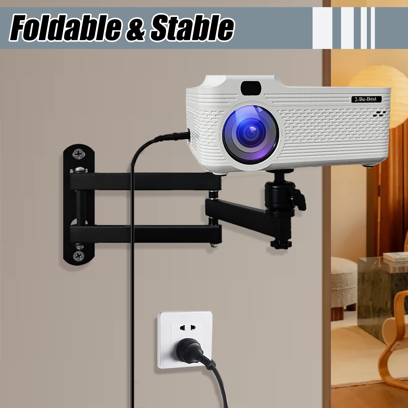 Soporte de pared para proyector mejorado de 14 pulgadas con brazos plegables y clips para cable, montaje de proyector de acero laminado en frío de calidad de pared, compatible con 7