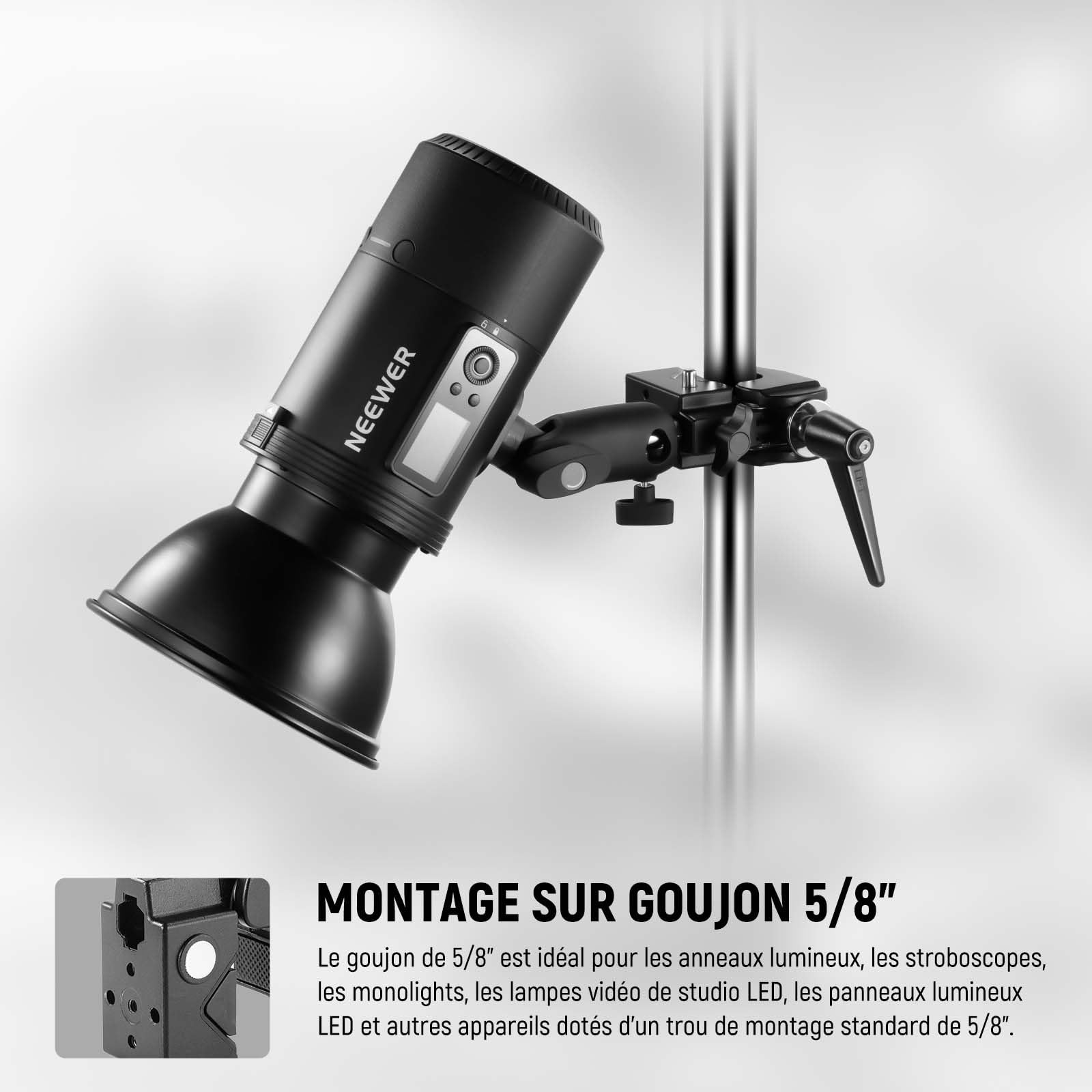 NEEWER Pince Super Robuste Charge Max 33lb/15kg, Pince Crabe 2,4" pour Perche Ronde Surface Plate avec Goujon 5/8"/Verrouillage à Ressort/Chiffon de Nettoyage pour Éclairage de Studio Photo, UA017