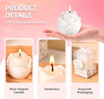 24 Set White Rose Flower Shape Candle Bulk Wedding Party Favors Romantic Handmade Delicate Candles with Gift Box, Wedding Gift Candle for Guests Return Souvenirs Bridal Anniversary Birthday Decoration
