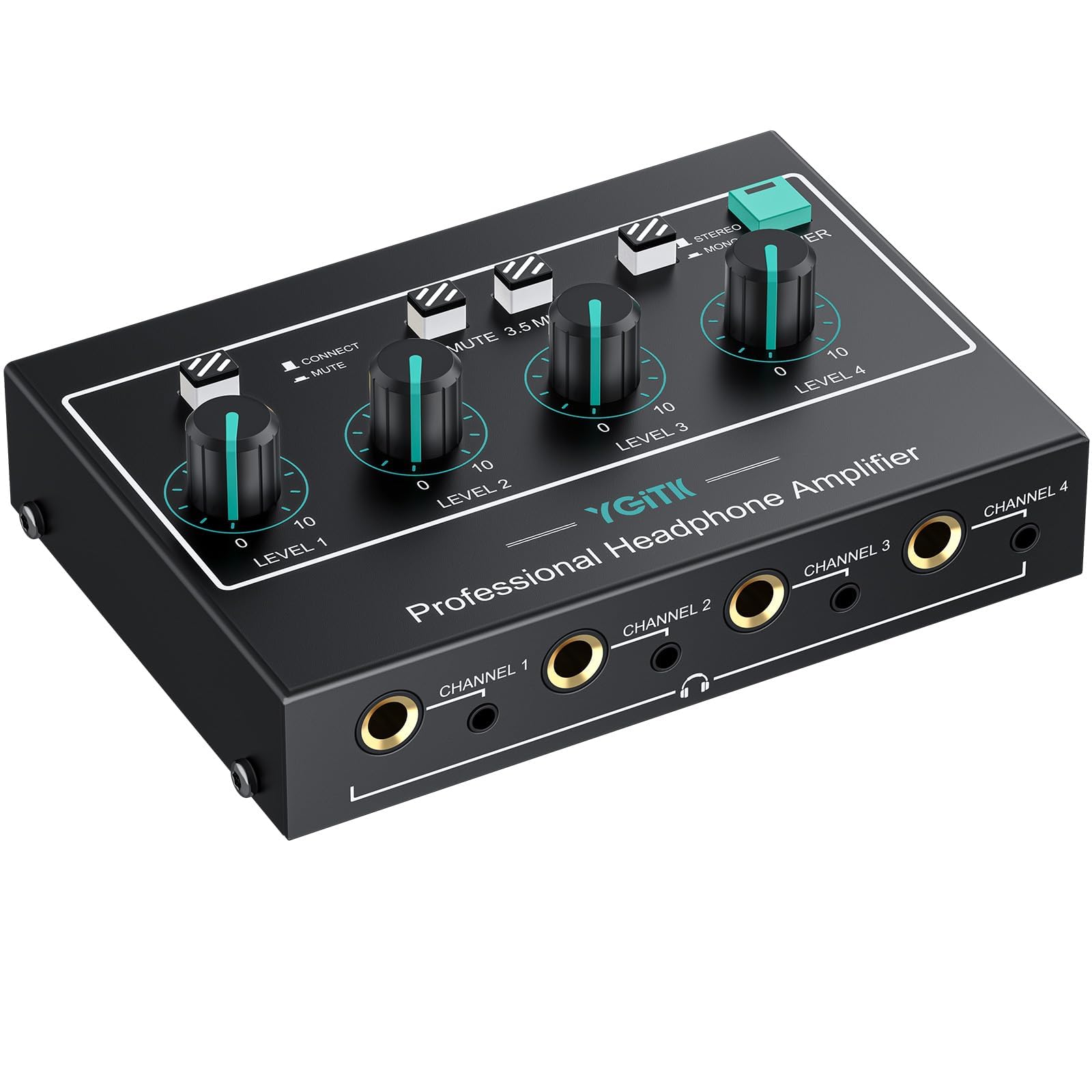 4 Channel Headphone Amplifier Professional, Portable Stereo Audio Amp, Amplifier with RCA & 3.5mm & 6.35mm Input, 3.5mm & 6.35mm Output, Power Adapter, Audio Cable, Ideal for Studio and Stage