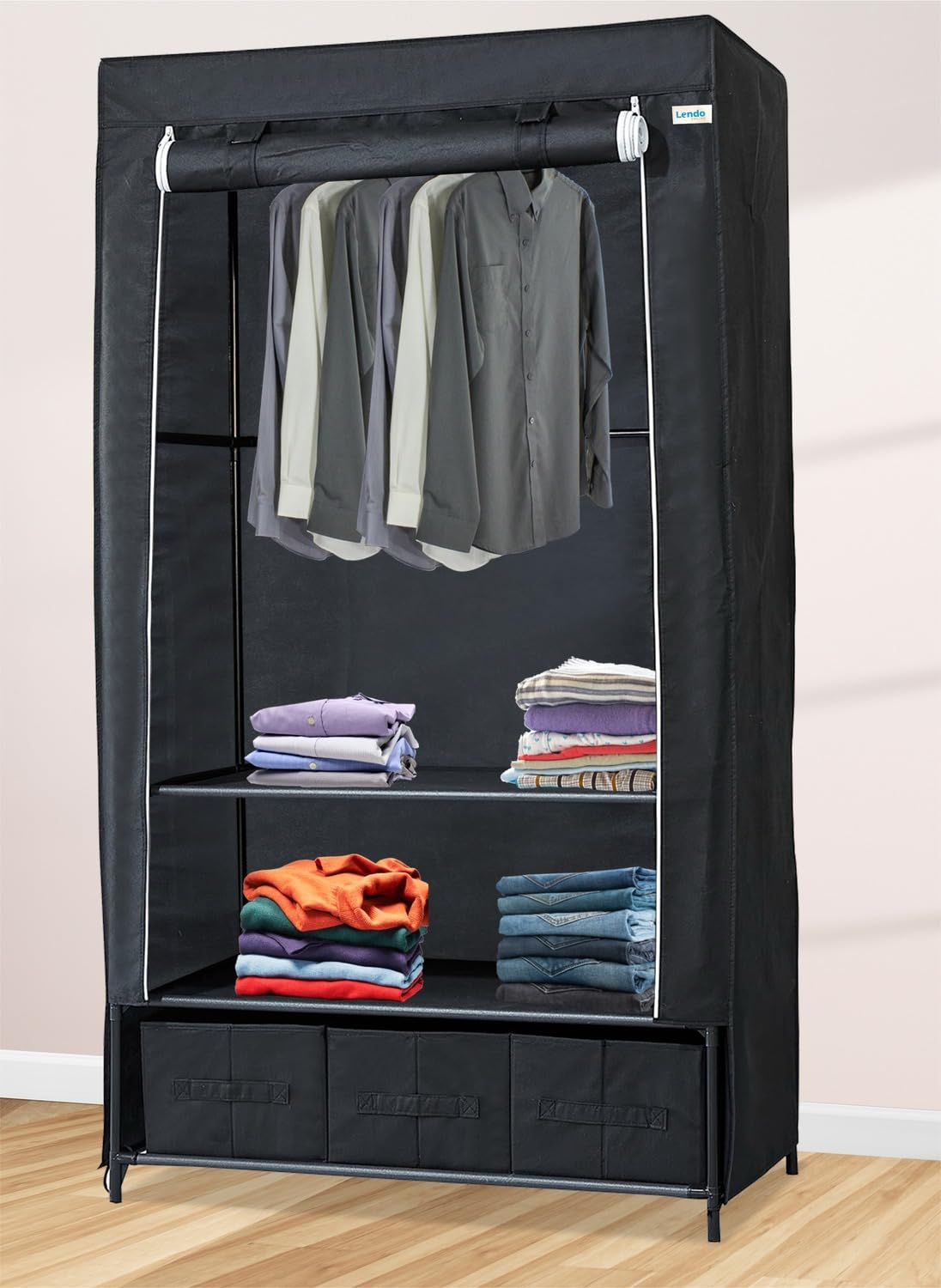 Armoire de Rangement Penderie Tissu Armoire Chambre Portable pour Chambre D'adulte - Barre de Suspension, étagère pour Sacs, Jouets, Chaussures, Salon - Noir/Gris (Noir, 90x47x163cm)