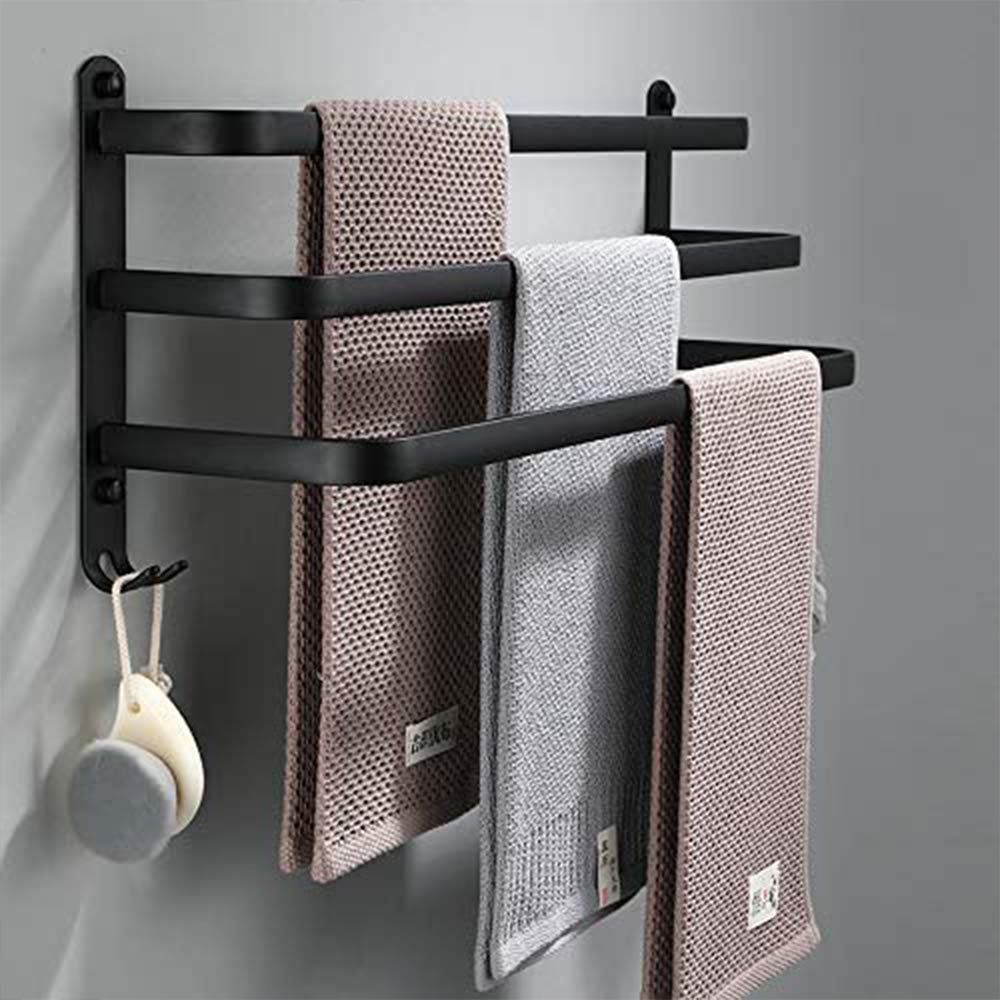 Handtuchhalter 3-stufiger Badetuchhalter mit Haken Aluminium-Handtuchhalter an der Wand Schwarz 40 cm stanzfreier Handtuchhalter für die Küche Bad Toilette Hotelbüro