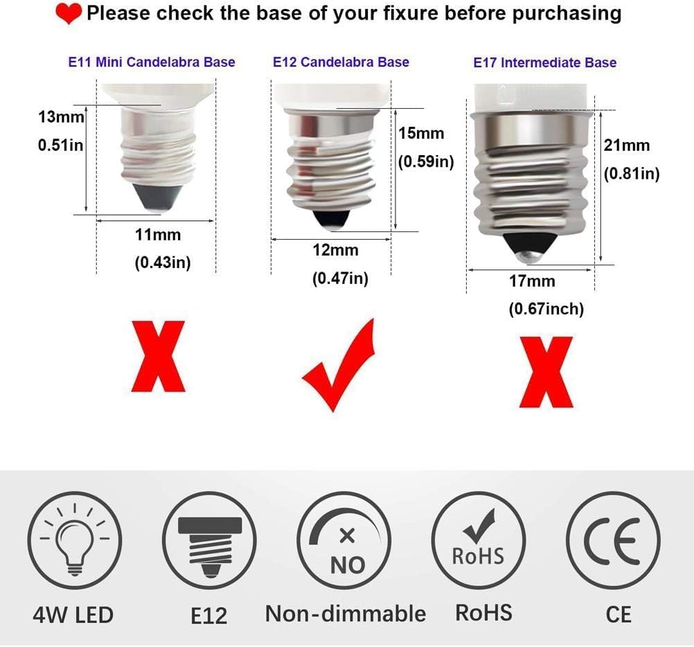 E12 Led Light Bulb 4W Equivalent 40W C7 Replacement Bulbs Clear Type B Candelabra Base Bulbrite Non-Dimmable Daylight White 6000K (Daylight White 2pack)