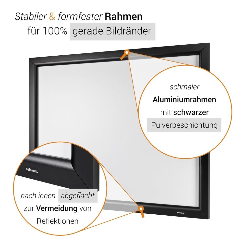 celexon HomeCinema Rahmen-Leinwand 70" | 160x90 cm 16:9 | langlebige 4K, Full-HD Beamer-Projektions-Leinwand mit top Planlage für Ihr Büro oder Heimkino | Aluminium-Frame zur Wandmontage