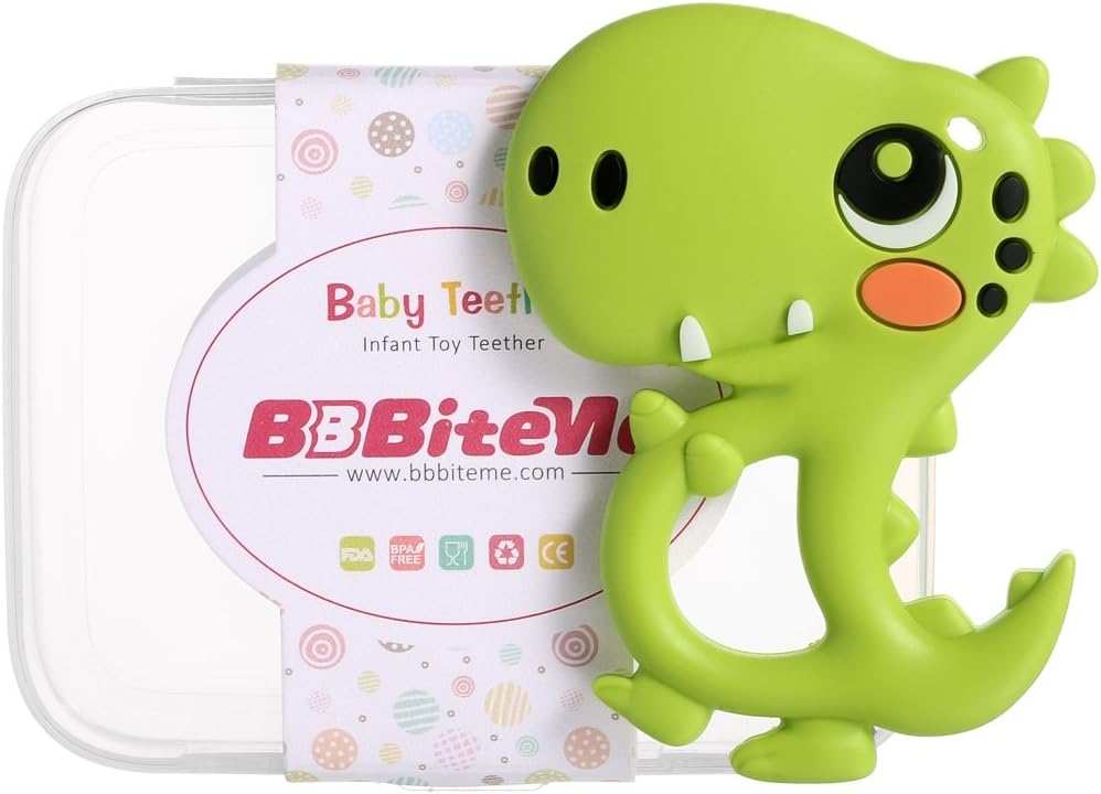 BBBiteMe Dinosaur Baby Teether - Soft Chewable BPA Free Silicone Teething Toy with Storage Case for Toddlers & Infants (Green)