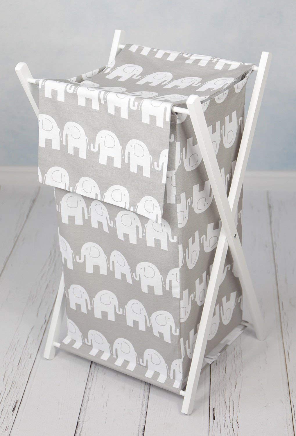 Babymam Elephants Grey Baby Laundry Basket Nursery Hamper Bag Storage Bin With Removable Linen 70 Litre White Wood Frame (Elephants Grey)