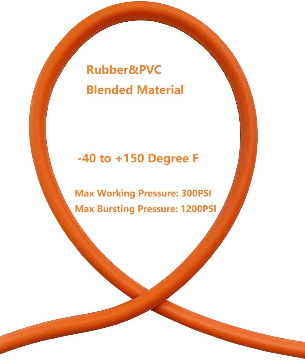 SANFU Hybrid PVC/Rubber 3/8”ID x 100ft, 300PSI Durable, Lightweight, Air Compressor Hose with 1/4” Industrial Brass Coupler and Plug, Bend Restrictors, Orange(100’)