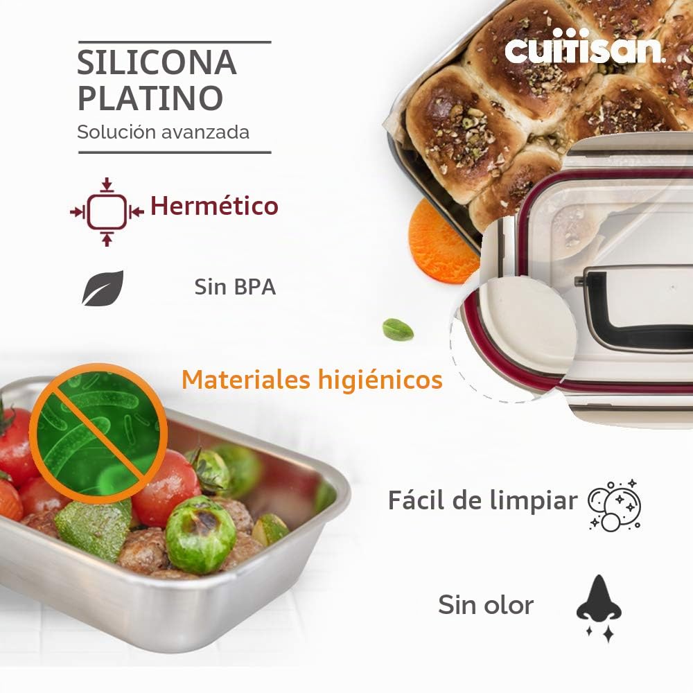 CANDL Cuitisan (Flora) recipiente alimentario hermético de acero inoxidable, tapa con clip con muñeca, rectangular, apto para microondas + horno, EC7-SSH01, (26,3cm x 20,0cm x 9,5cm / 1900ml)
