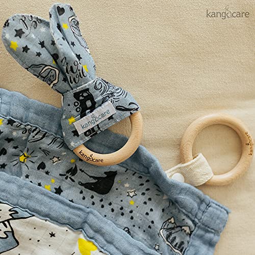 Image of Kanga Care Baby Soft Muslin Sensory Crinkle Bunny Ear Wood Teething Ring - Wander Camping