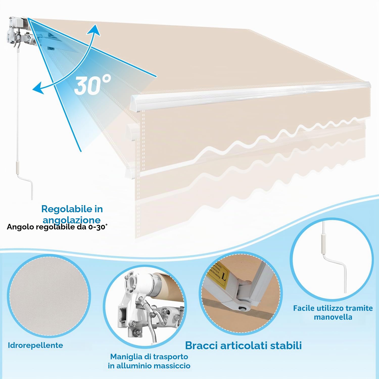 Randaco Tenda da sole con braccio snodato, 350 x 300 cm, beige, con manovella, angolo di inclinazione fino a 30 gradi, protezione solare impermeabile