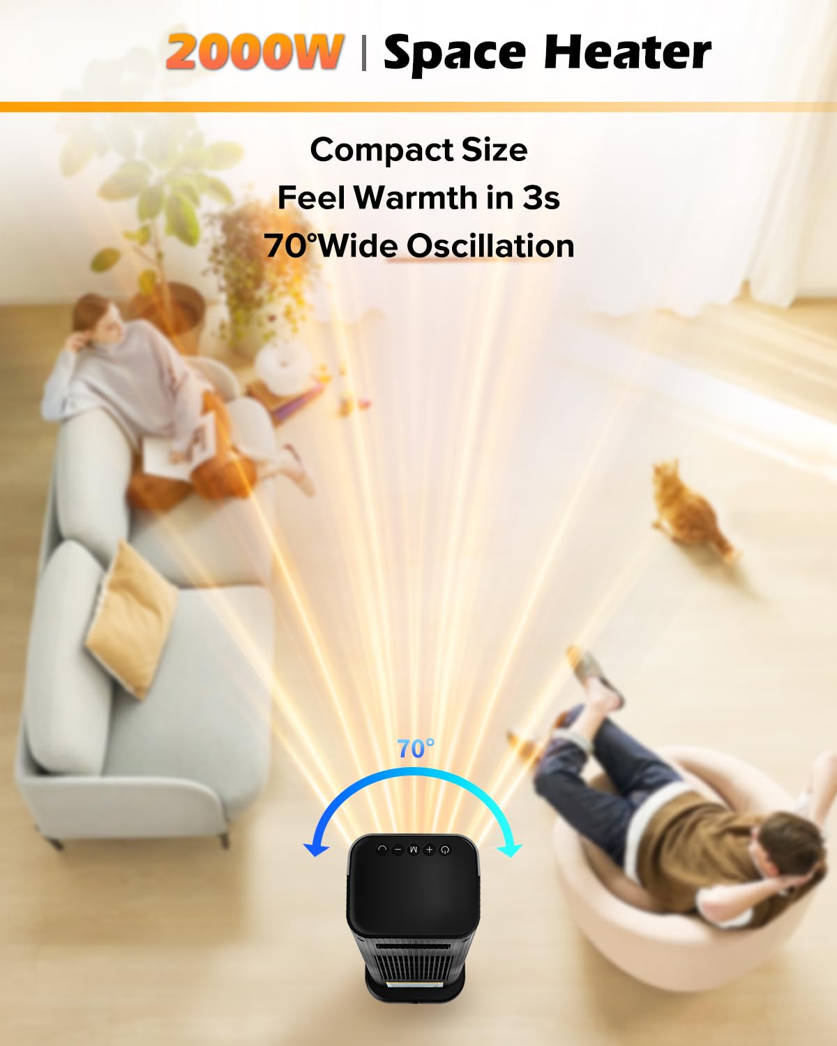 Sendowtek Calefactor Bajo Consumo 2000W, Space Heater con Control Remoto, Temporizador de 12H, Oscilación de 70°, Termostato, Calentador Eléctrico Portátil para Interiores Oficina Dormitorio