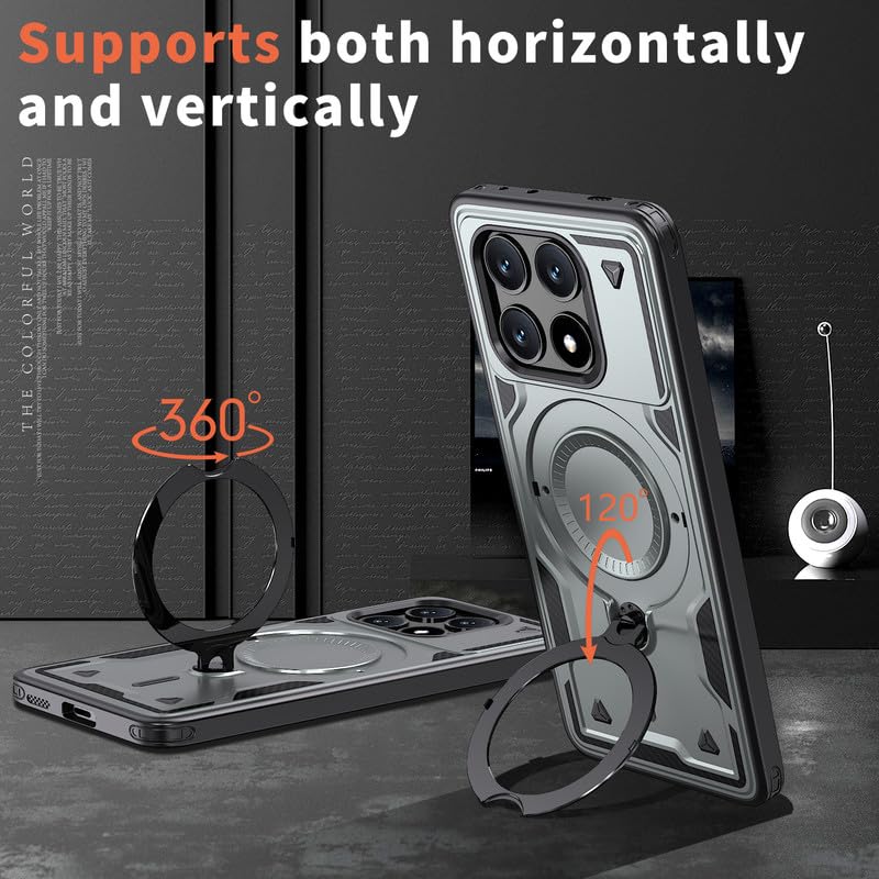 Image of Bumper Armor Shockpoof Case Compatible with Poco X6 Pro 5G, Magnetic Attraction Ring Holder Phone Cover and 360 Protection Rotate Stand Case Cover for Poco X6 Pro 5G - Silver