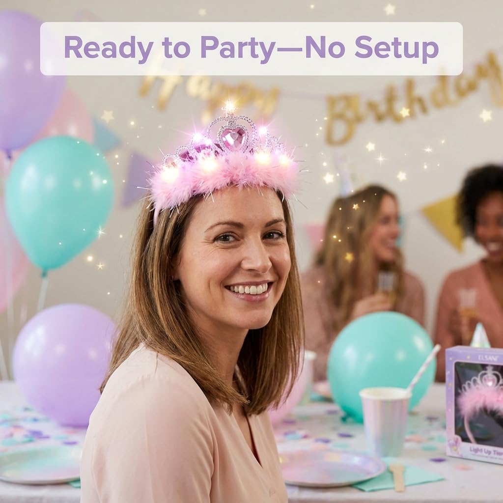 Bunco Light Up Tiara Prize – Flashing LED Princess Crown with Pink Feathers, Adjustable Headband for Bunco Night High Roller Gift, Girls Party Favor, Fun Game Night Accessory – Twilight Bunco Events