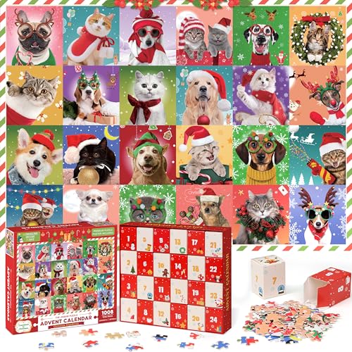 Advent Calendar 2025 Christmas Jigsaw Puzzles, Christmas Dogs & Cats Christmas Holiday Puzzle for Kids Adults 24 Boxs 1008 Pieces Puzzles for Boys Girls Countdown to Christmas Gifts Stocking Stuffer