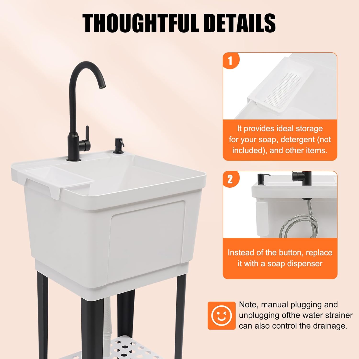 Space Saver Utility Sink Laundry Tub, Freestanding Plastic Laundry Sink Compact Shop Sinks Portable Single Bowl Washing Hand Basin w/Hot & Cold Faucet and Storage Rack for Garage Pet (White)