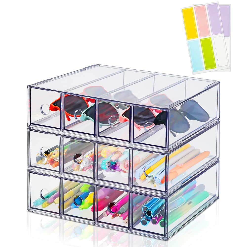 Lot de 3 boîtes de rangement de bureau avec 8 tiroirs en acrylique empilables - Organiseur transparent pour maquillage et lunettes de soleil