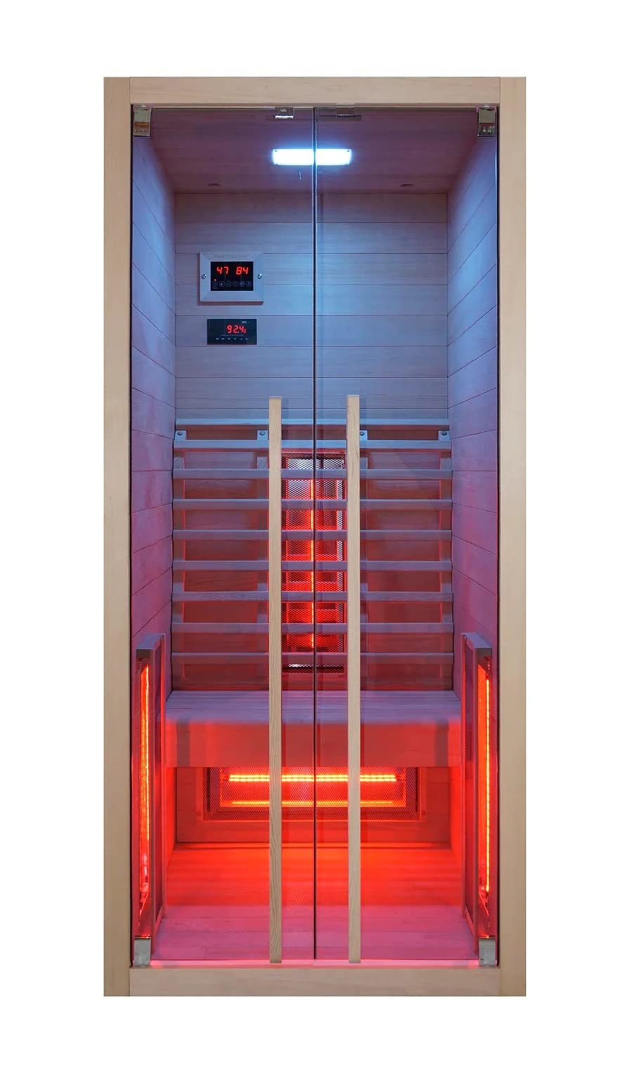 SANOTECHNIK Cabina de infrarrojos RUBY 1 – 1 persona sauna de infrarrojos 90 × 100 × 195 cm | 4 focos de espectro completo (1550 W), luz LED, Bluetooth, MP3, cristal de seguridad ESG de 6 mm, pantalla