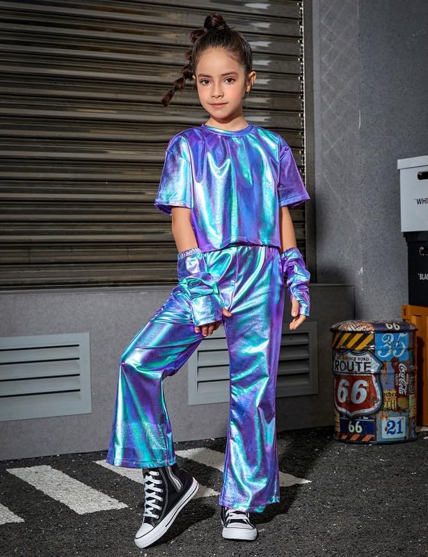 Perfashion Girls' Shiny Metallic Flared Pants Festival Dance Pants Disco with Sunglasses Wide Leg Trousers 6-15 Years3