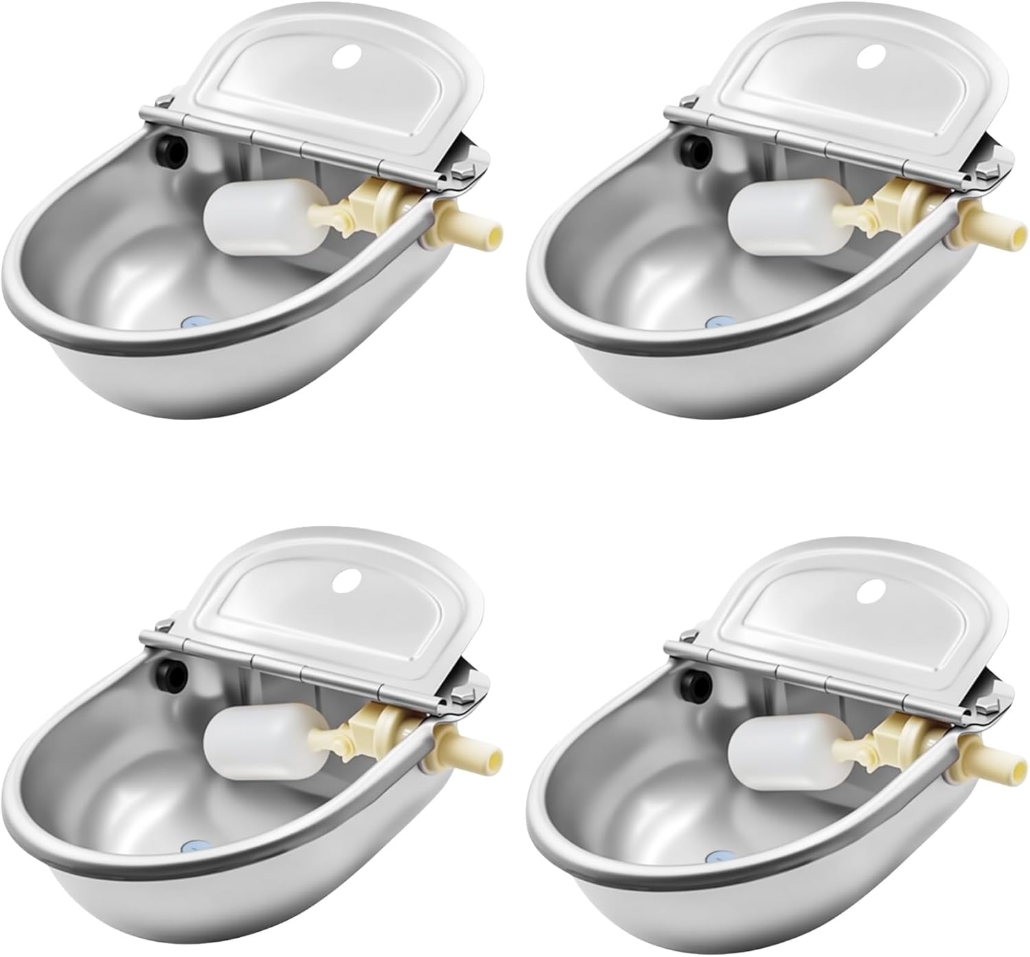 Automatic Water Dispenser with Float Valve Stainless Steel Waterer Bowl Automatic Animal Drinking Waterer Feeder Self Filling Water Trough with Drain Plug for Poultry and Livestock 4pcs