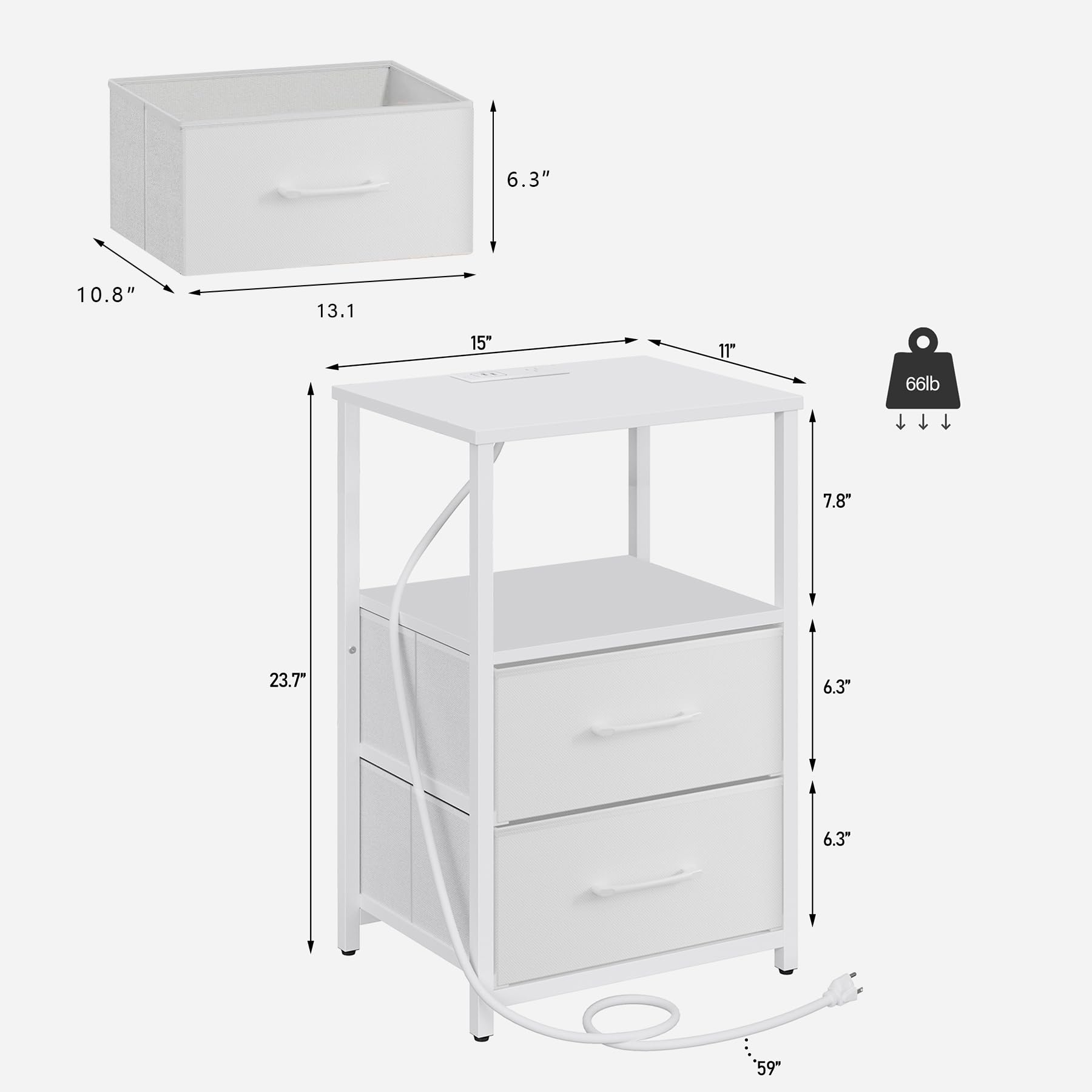 TUTOTAK Set di 2 comodini a LED con stazione di ricarica | Comodino con cassetto in tessuto, tavolino con 1 porta USB e 1 porta di tipo C, tavolino da divano, bianco TB01BW052L