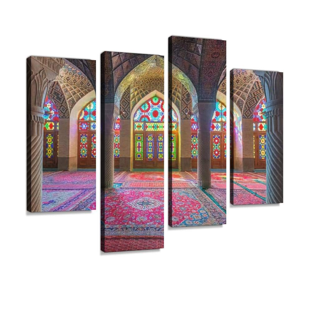 Nasir ol Molk Mosque Canvas Print Artwork Wall Art Pictures Framed Digital Print Abstract Painting Room Home Office Decor Ready to Hang 4 Panel