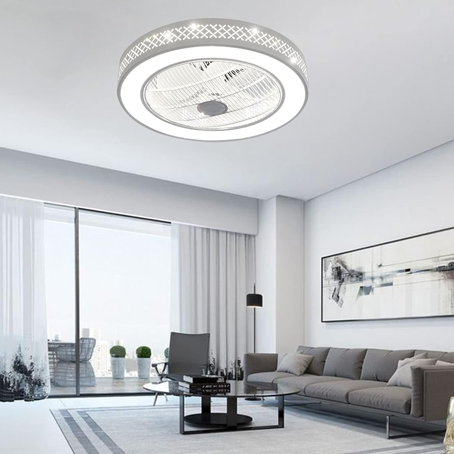 DNYSYSJ 22" Ceiling Fan with Light, Semi Flush Mount LED Lighting Fan with Remote Control Dimmable Lamp for Living Room Office 3 Speeds 3 Lighting Color 110V 5-16㎡ (Grid Fan Lamp)