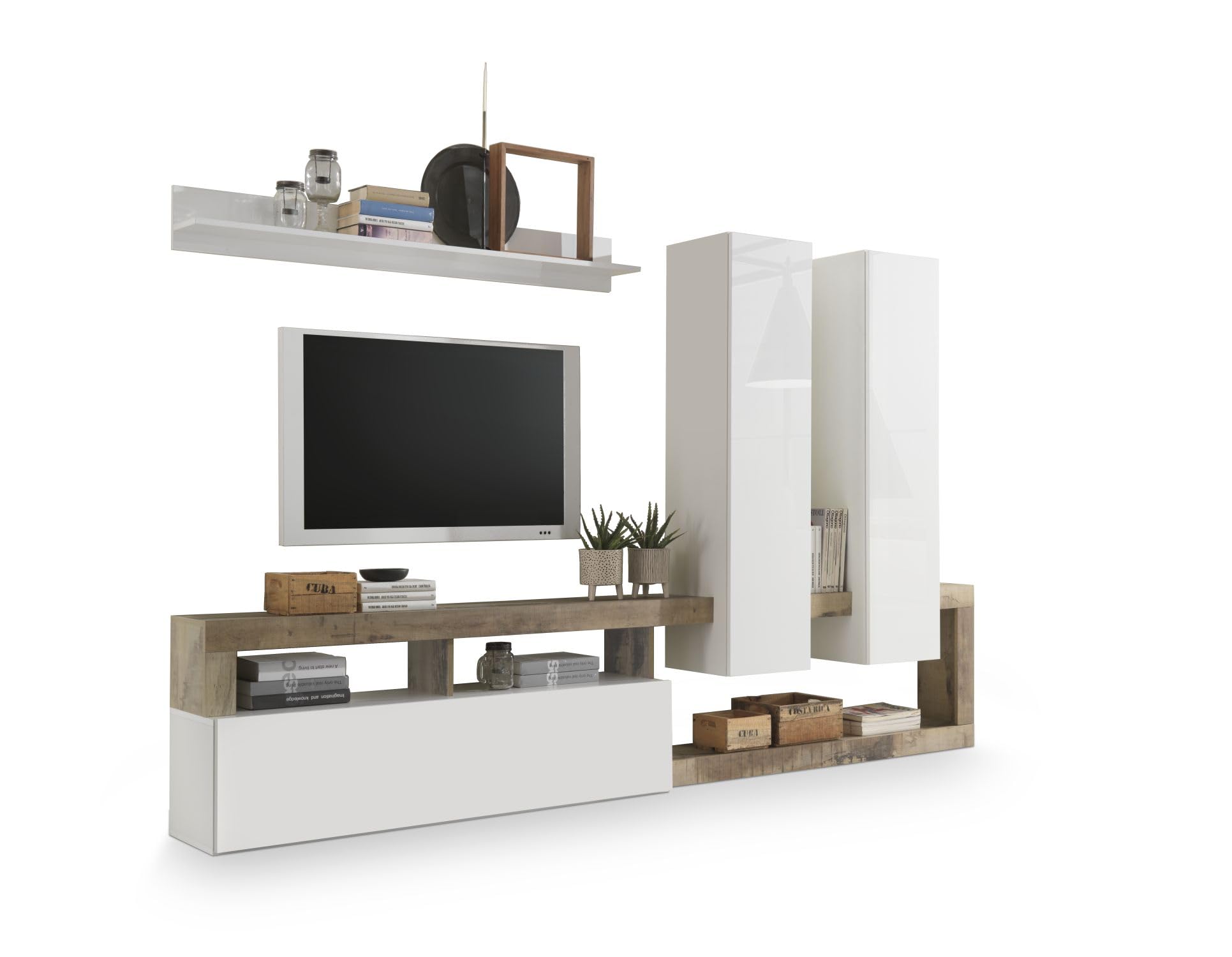TV Wall Mount White Glossy Wooden Cabinet Equipped - Dettaglio