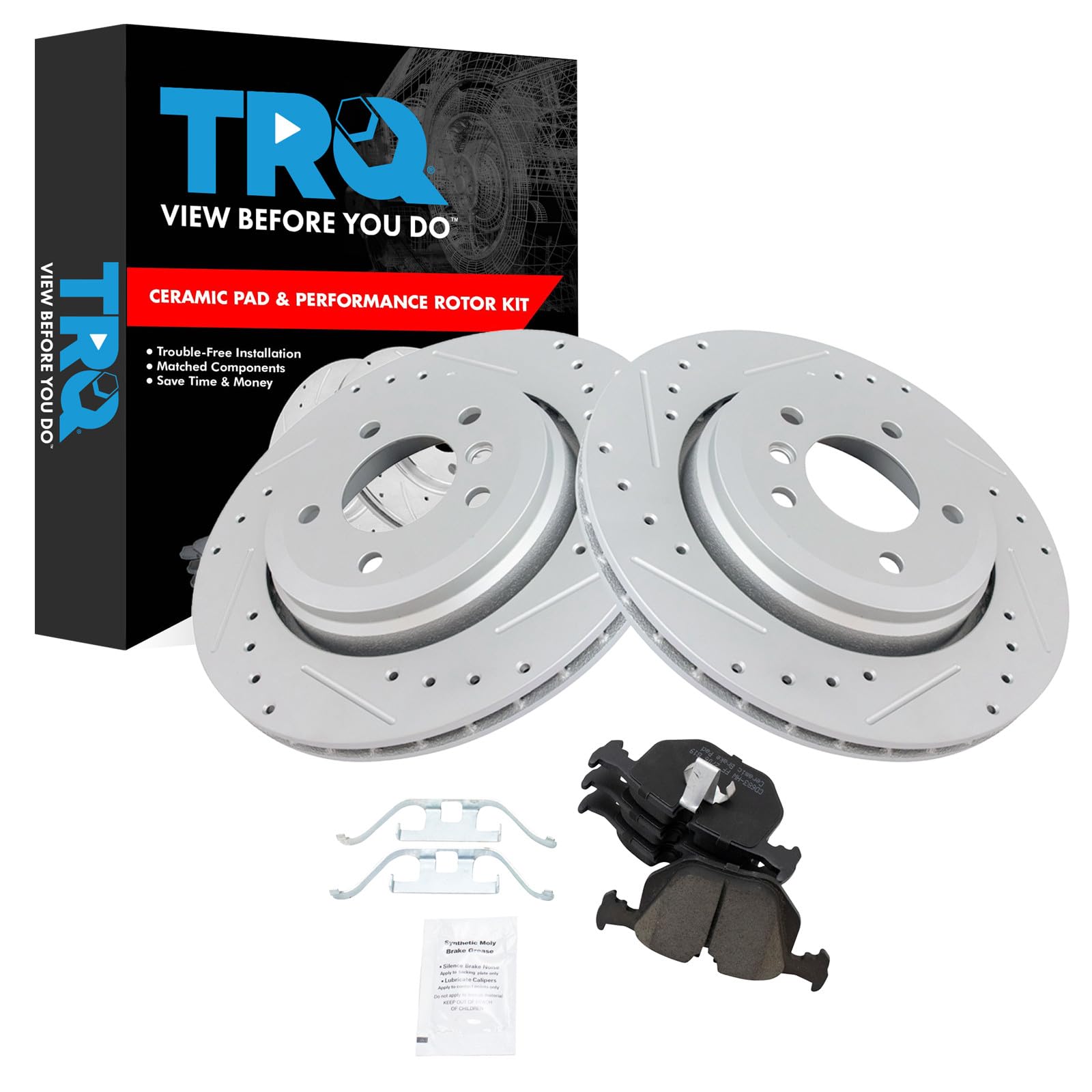 TRQ Performance Rear Brake Pad and Rotor Set Ceramic Drilled Slotted Coated Rotors Compatible with 2001-2006 BMW 330Ci 2001-2005 330i 330xi