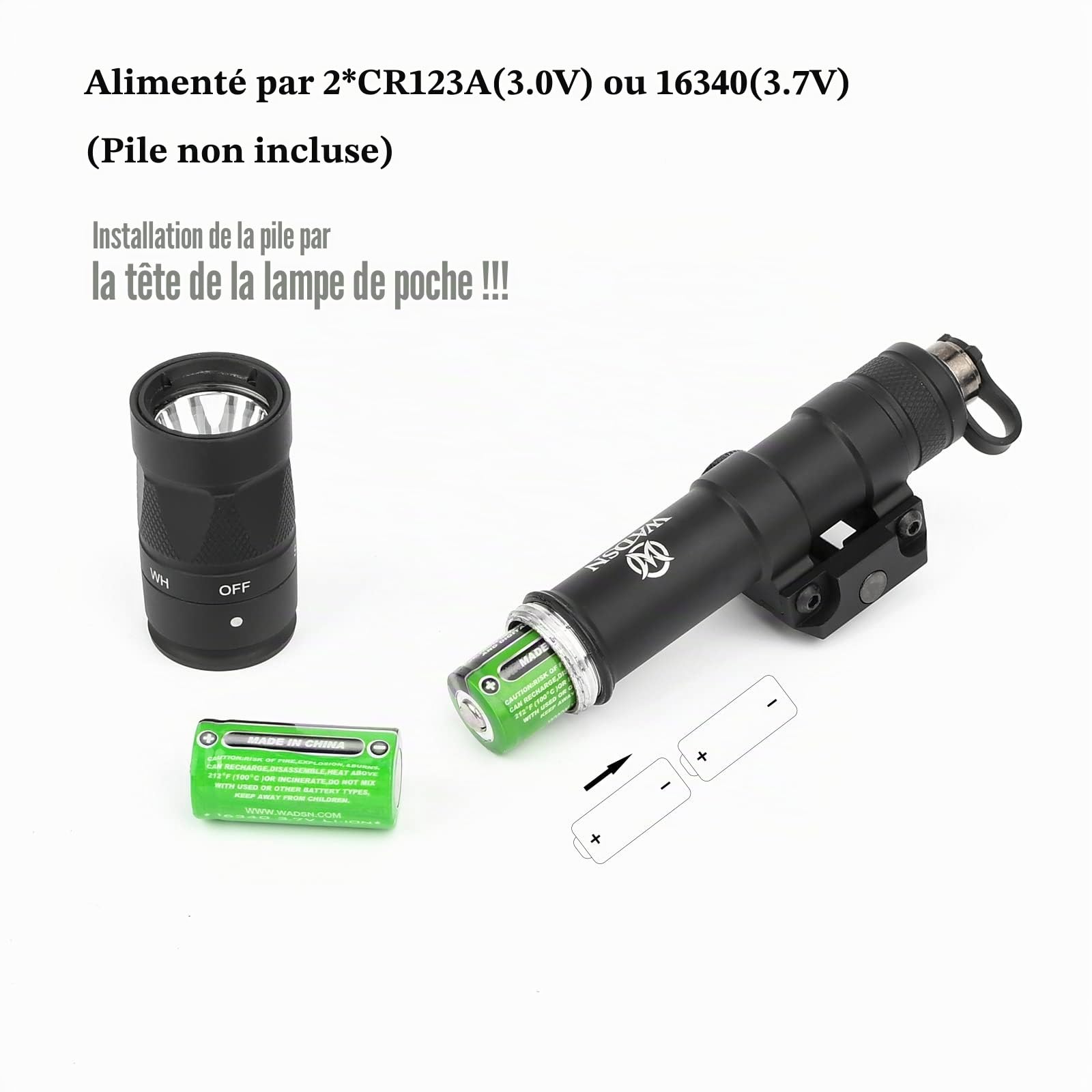M600W Lampe de poche Tactique poing flash à double fonction, lampe de reconnaissance à 600 lumens pour le système ferroviaire Picatinny de 20 mm (Noir)