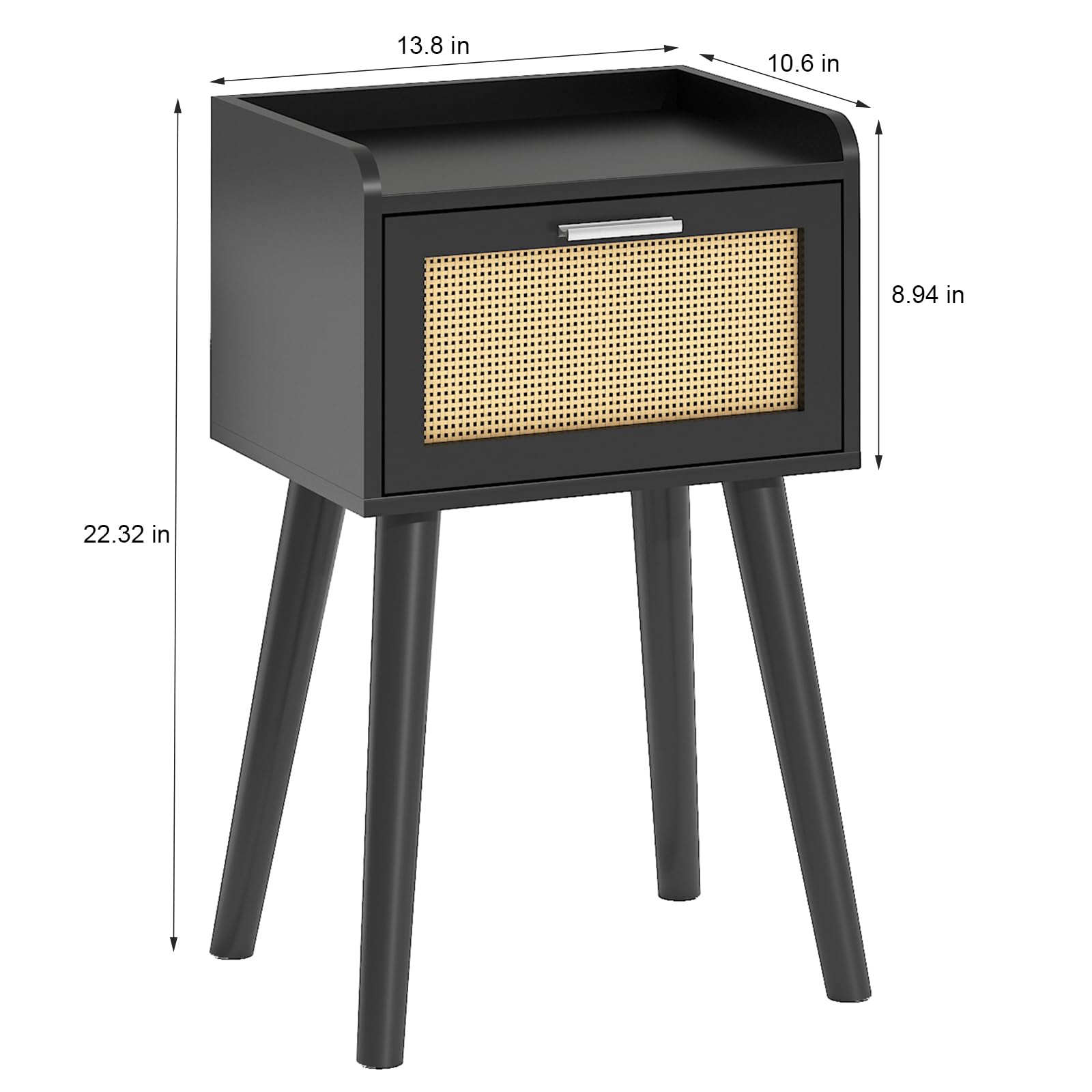 LAATOOREE Nightstand Set of 2, Small Black Bedside Table, End Table with Rattan Door, Boho Side Table with Solid Wood Legs for Bedroom Living Room Small Space