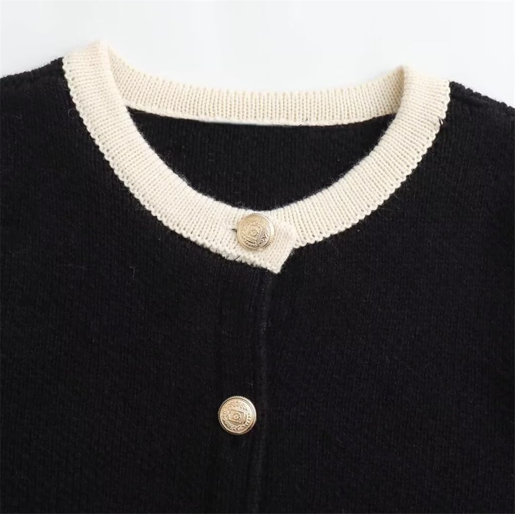 Women's Spring Round Neck Single-Breasted Collision Color Knit Sweater Short Jacket