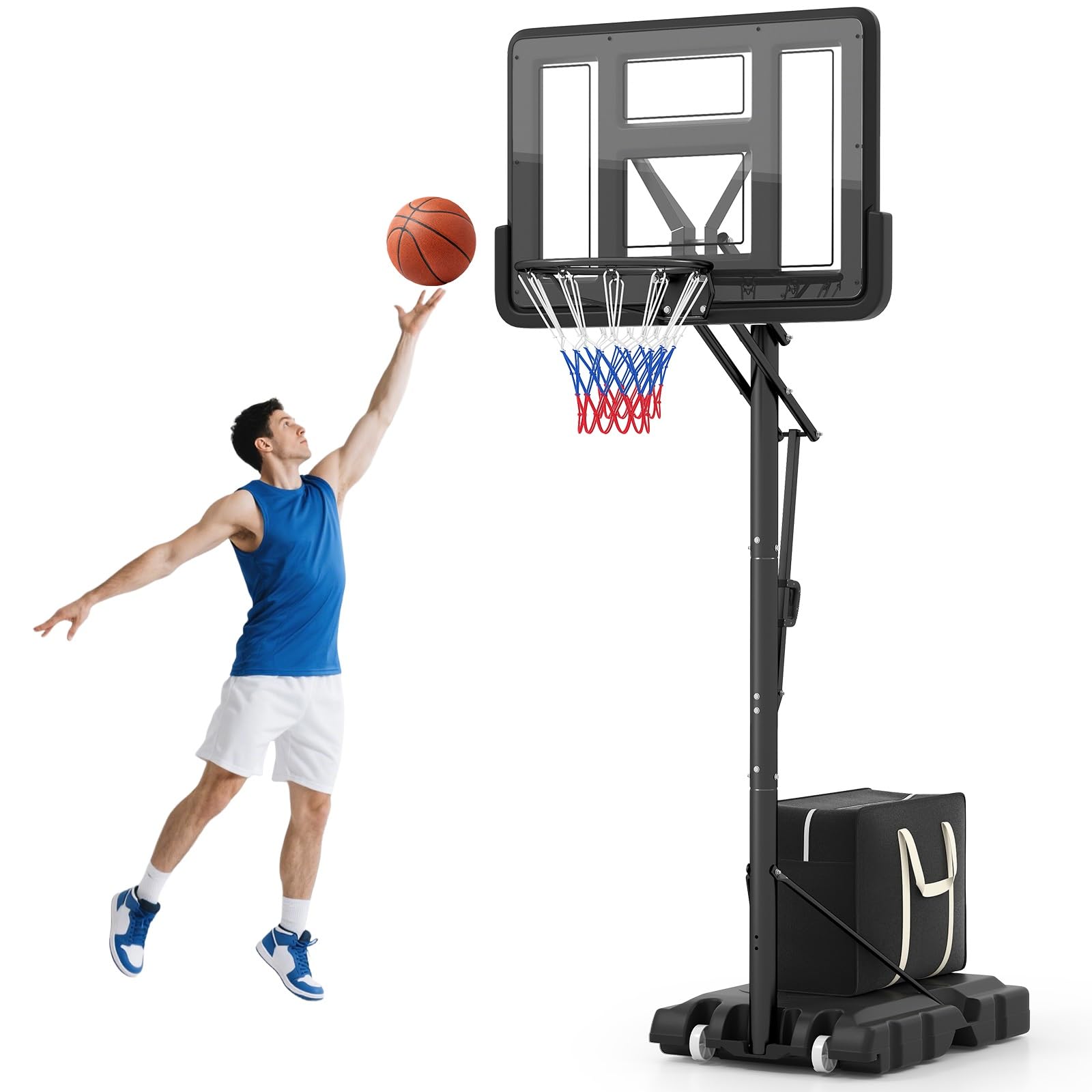 COSTWAY Canestro da Basket da Esterno, Canestro Basket Portatile e Regolabile in Altezza da 1,5 a 3 M con Tabellone in PC da 111 cm, Base Riempibile, Borsa per Pesi e Ruote