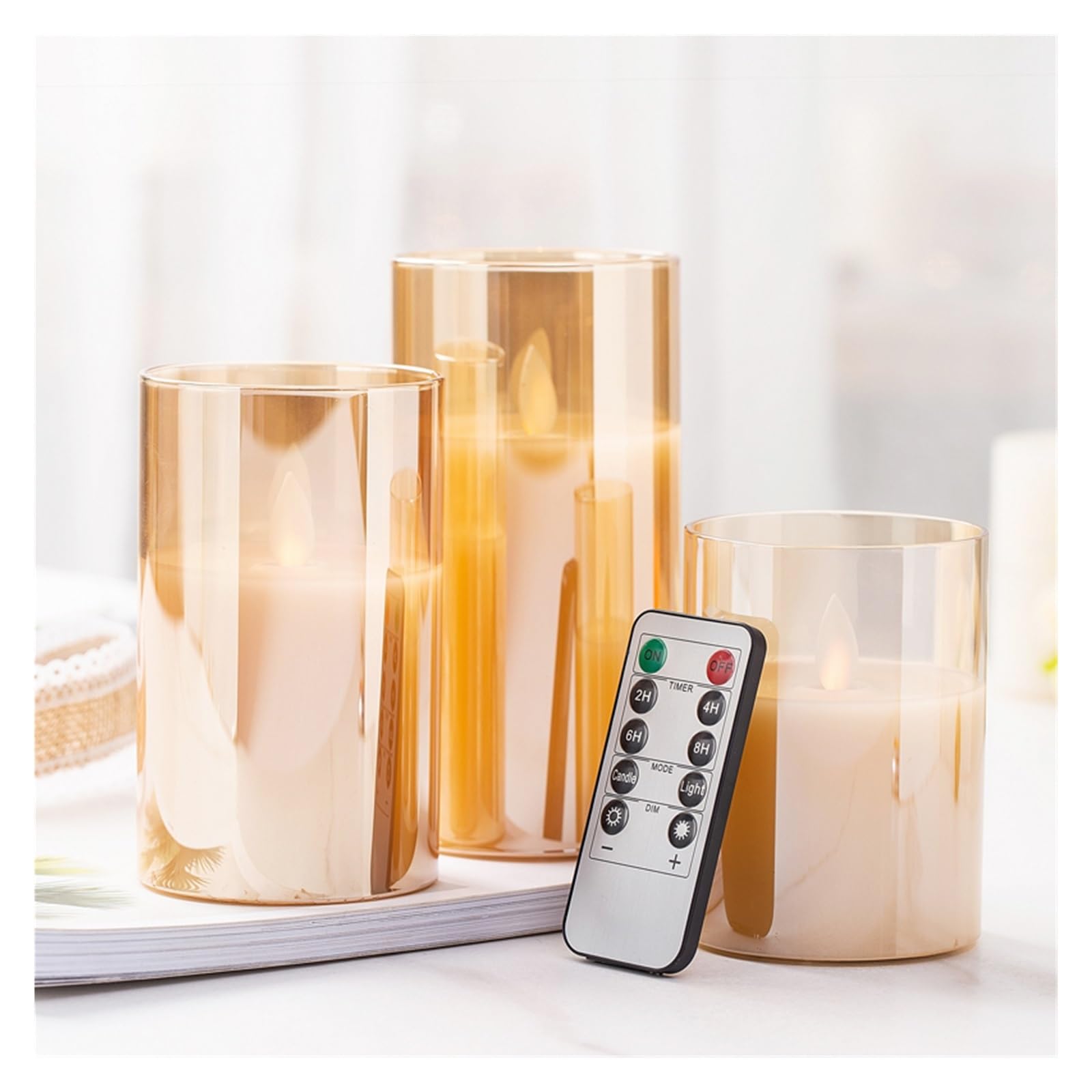 Candela senza fiamma in vetro ricaricabile con timer, telecomando, candela a colonna a LED, paraffina pura, set da 3 (Color : Amber)