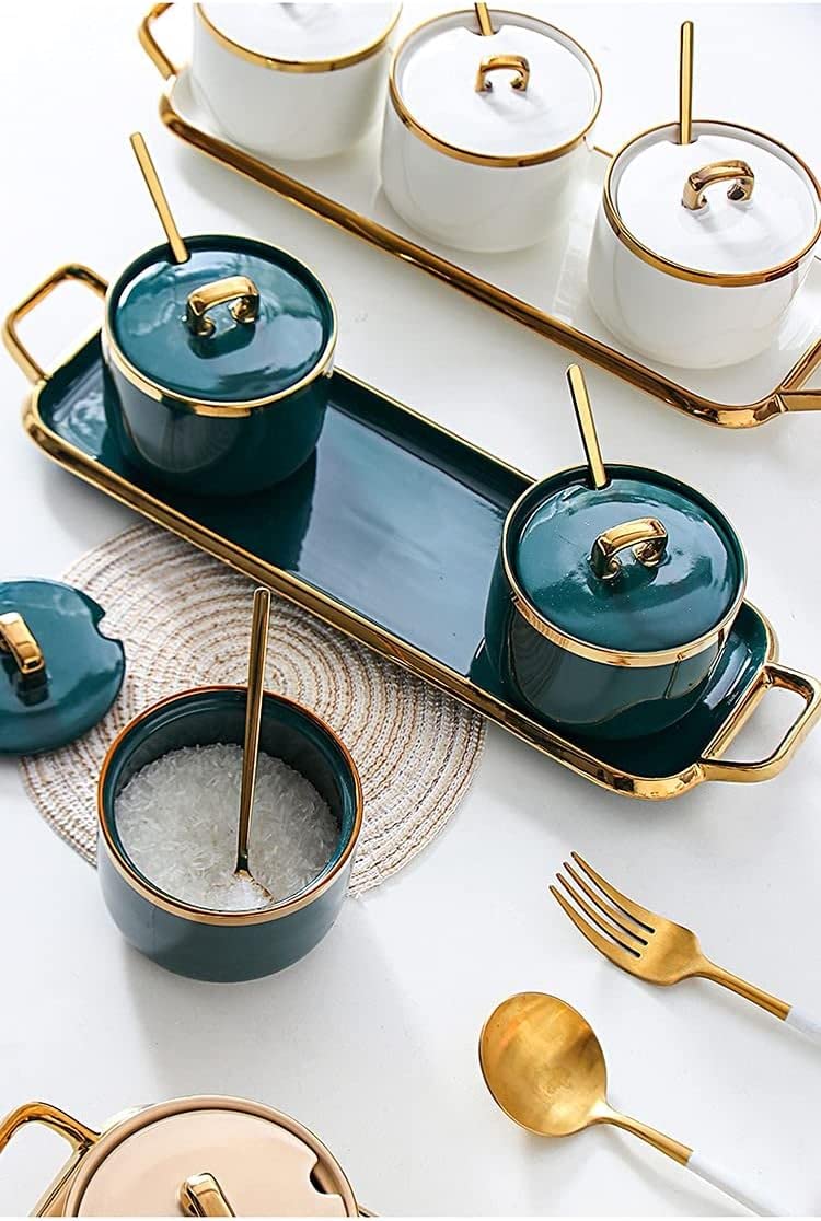 Keramik-Zuckerdosen, Gewürzdosen, Gewürzdose, Keramik-Lebensmitteldose, Vorratsdose mit Deckel, Löffel und Tablett für Tee, Kaffee-Weiß