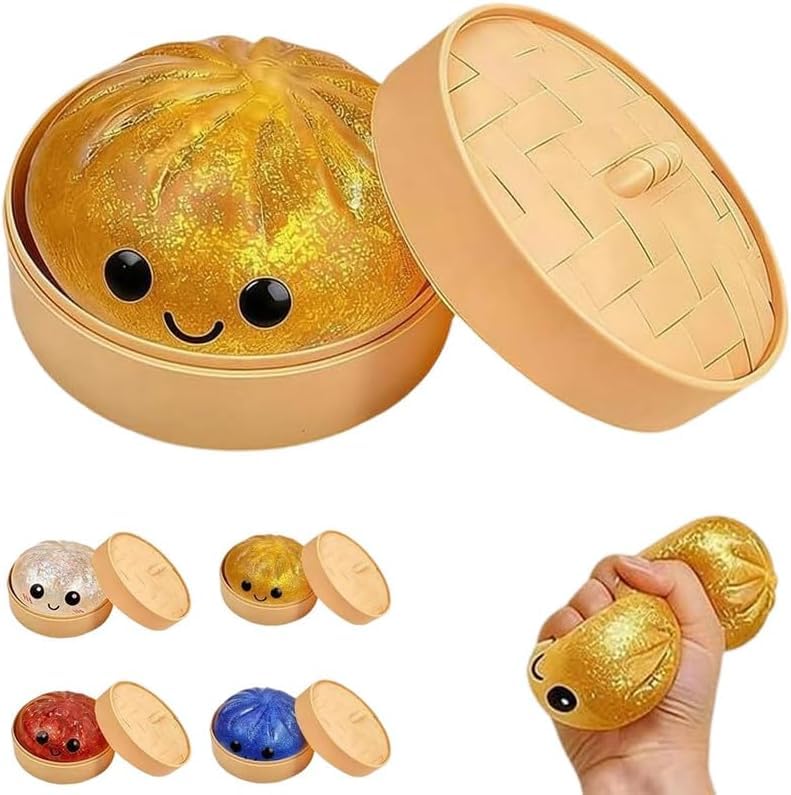 Dumpling Squishy Stress Ball, Glitter Squeeze Toy in Gift Box, Anxiety Relief Fidget Set for Adults, Cute Decompression Ornament for Office Desk Decor (Gold)
