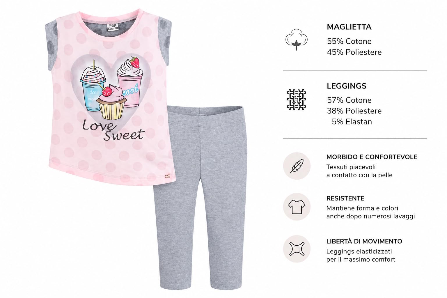 Generico Mayoral Completo Bambina Estivo 3-9 Anni, Set 2 Pezzi con T-Shirt in Cotone Elasticizzato e Leggings Coordinati, Outfit Casual Chic Bambina Primavera Estate