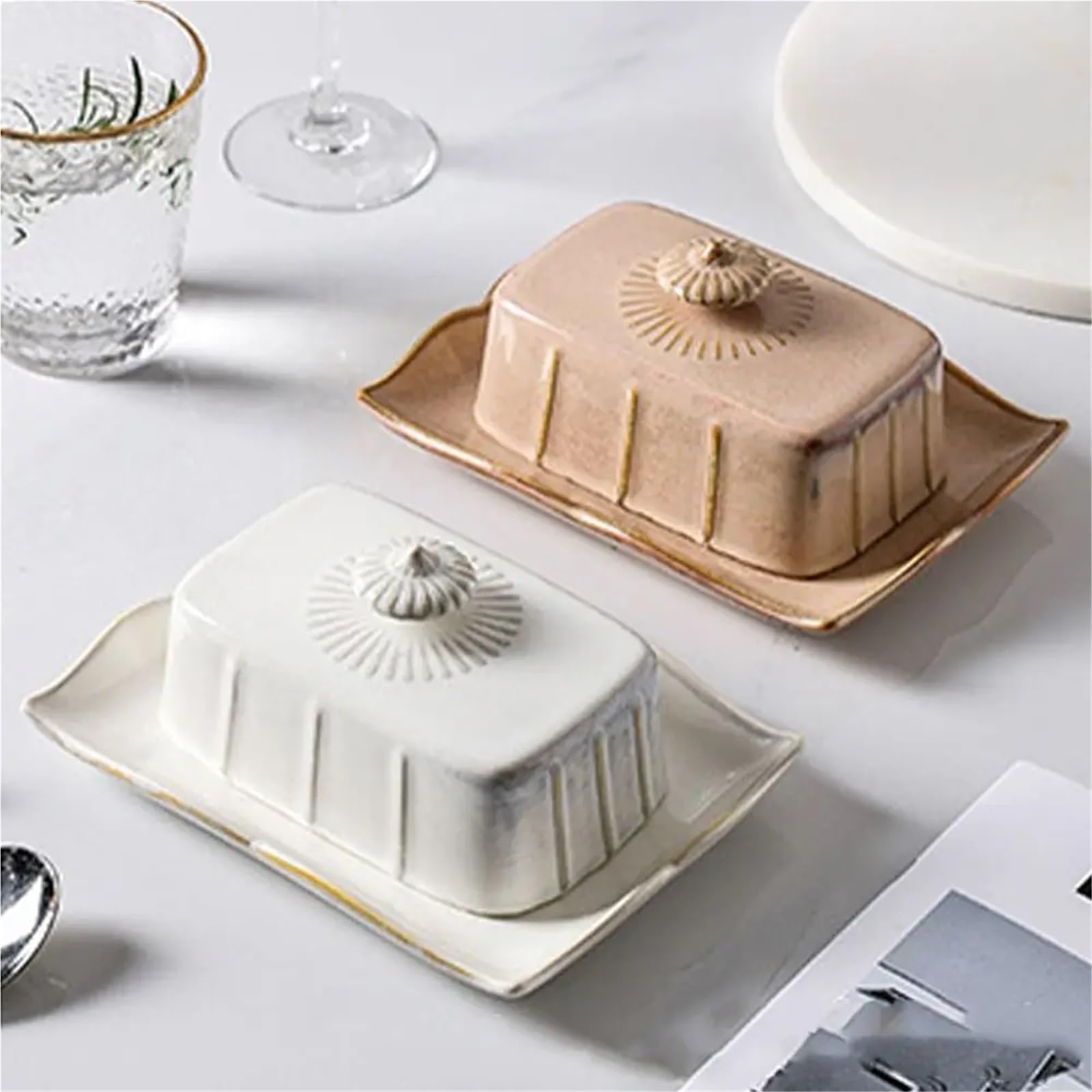recipiente para mantequilla, Mantequera de cerámica rectangular con tapa multicolor for cocina(Black)