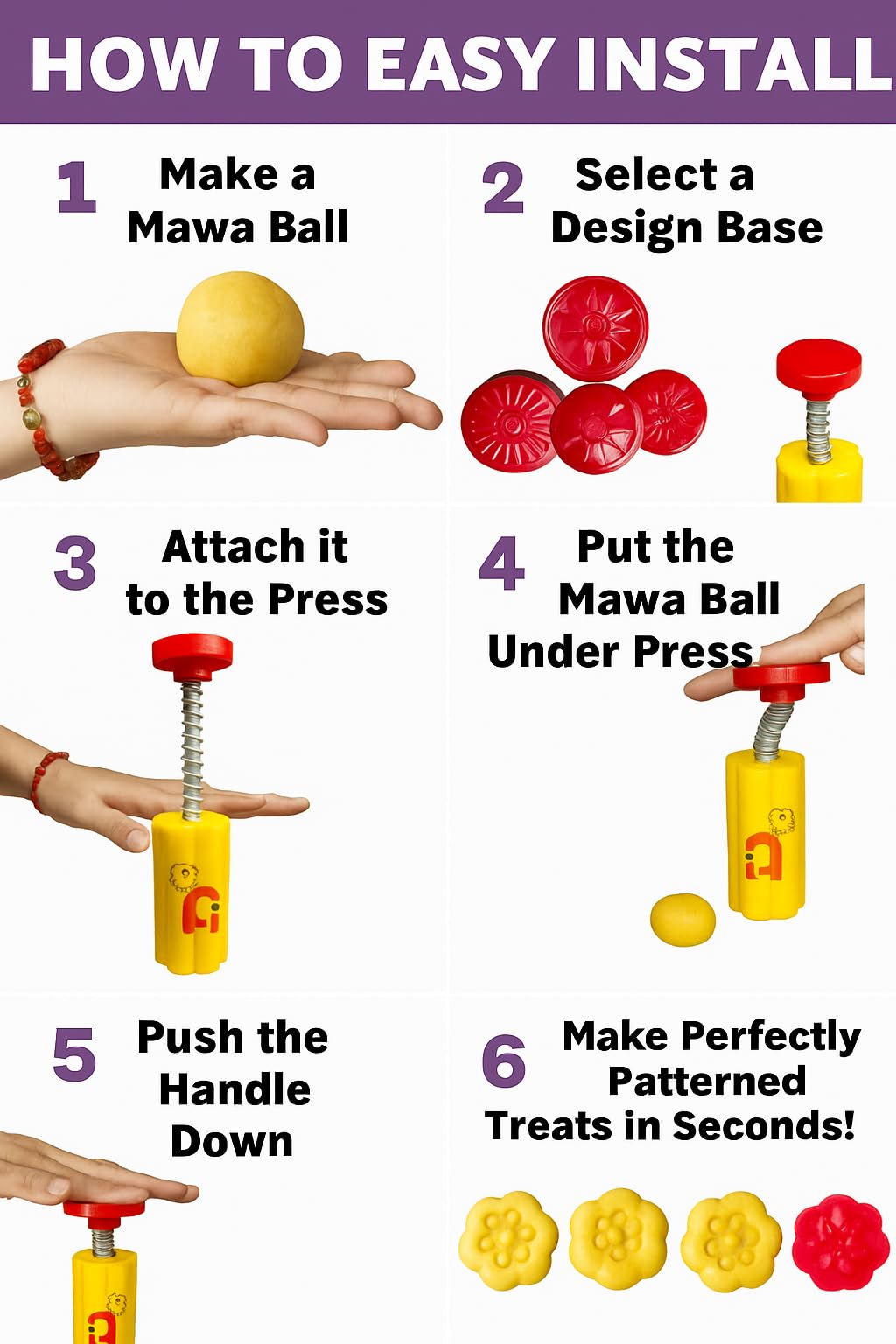 APOLLINE INDIA® Flower Cutting Shape Peda Press Maker – 5 In1 Design Molds | Cookie & Sweet Stamping Press Tool | Kitchen Accessories, 1.5 Inch, Yellow (Pack of 1) 3