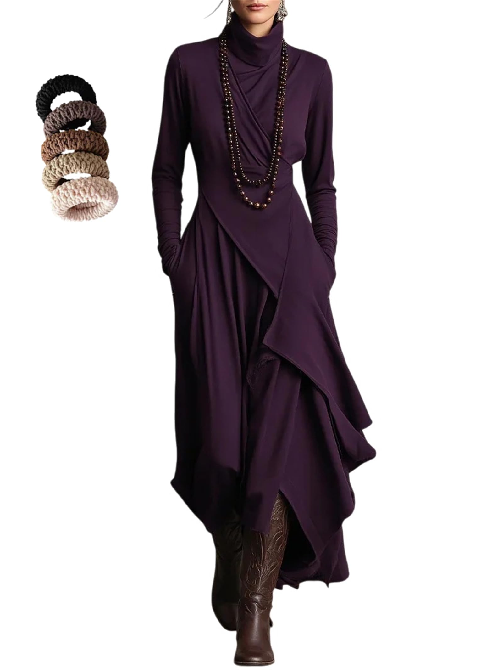 Damska sukienka z długim rękawem, elastyczna dzianina, falbana, asymetryczna, z golfem, solidna, modna, zachodnia, elegancka, bodycon, boho, bawełna, drapowana, maxi, zimowa, koktajlowa, z wysokim