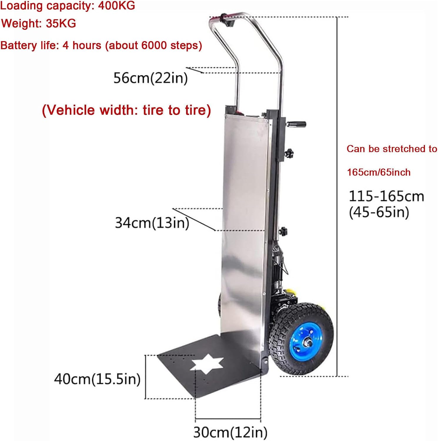 Electric Stair Trolley (400 Kg Load), Stair Climbing Trolley with Telescopic Handle (45-65 Inches), 1200w Brushless Motor, 48 V/36 Ah Battery, for Carrying Goods Up & Down Stairs