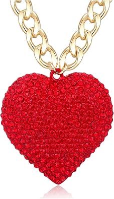 Crystal Red Heart Necklace Hip Hop Gold Chunky Choker Necklace Cuban Link Chain Heart Pendant Statement Jewelry