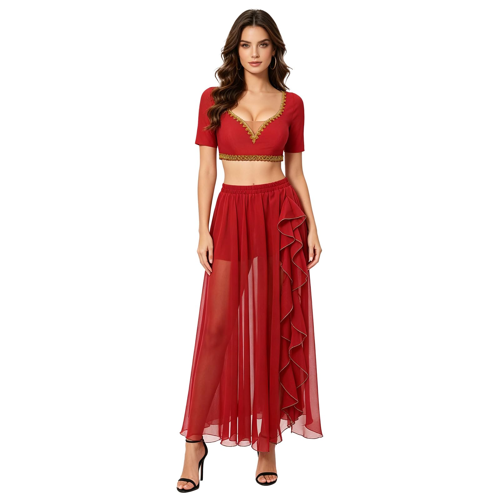 Yihuimin Women for Rave Cabaret Party Shiny Sequin Tassel 2 Pcs Set Arabian Fance Dress Up Belly Dancer Outfit Red S
