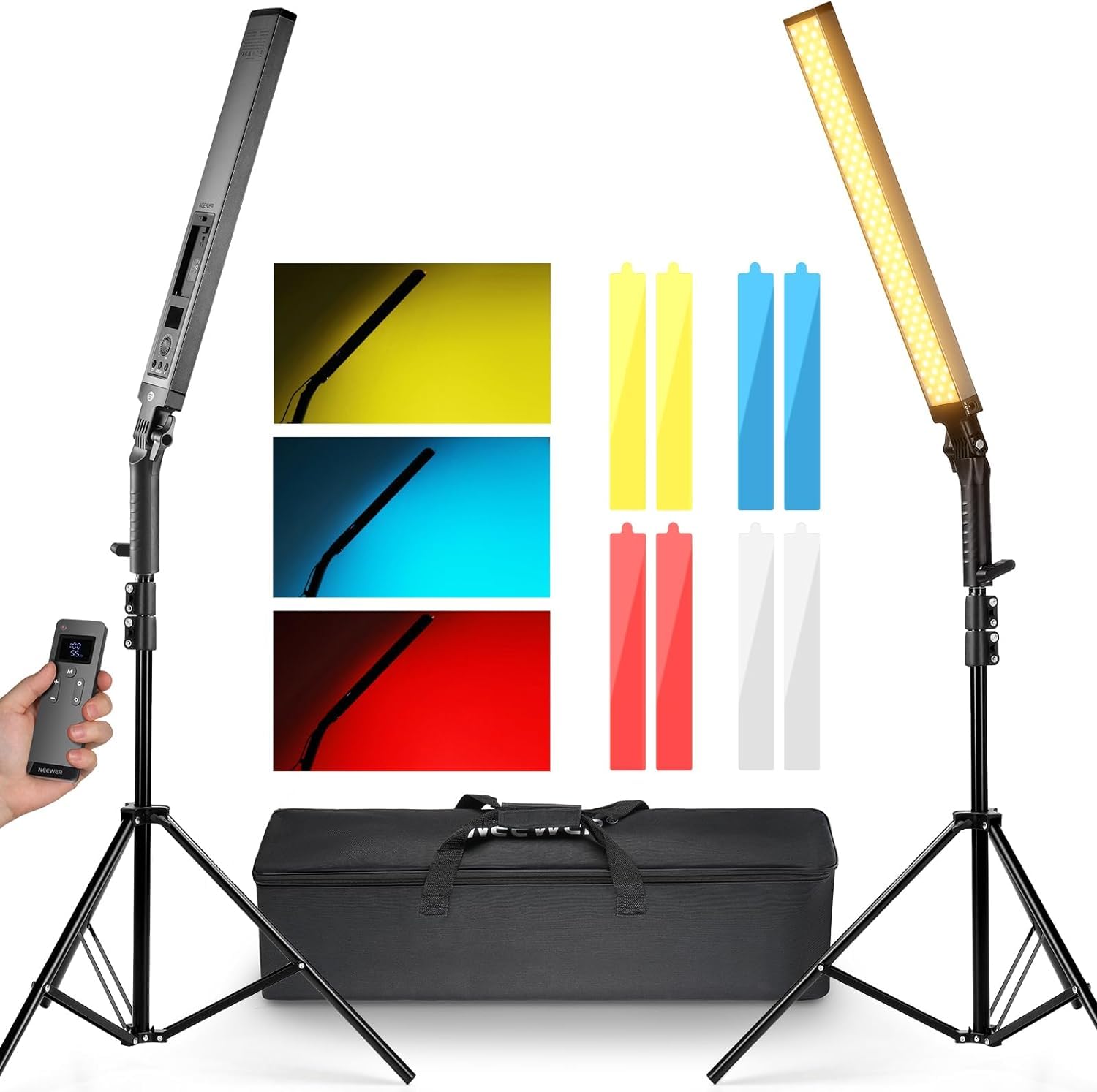 NEEWER Verbesserter LED Video Lichtstab, 2,4G Fernbedienungsset 2er Pack handgeführte dimmbare 3200K~5600K CRI97+ Leuchtstab mit Ständern/Filtern/Tasche für YouTube Video Foto Gaming, BH20B Schwarz
