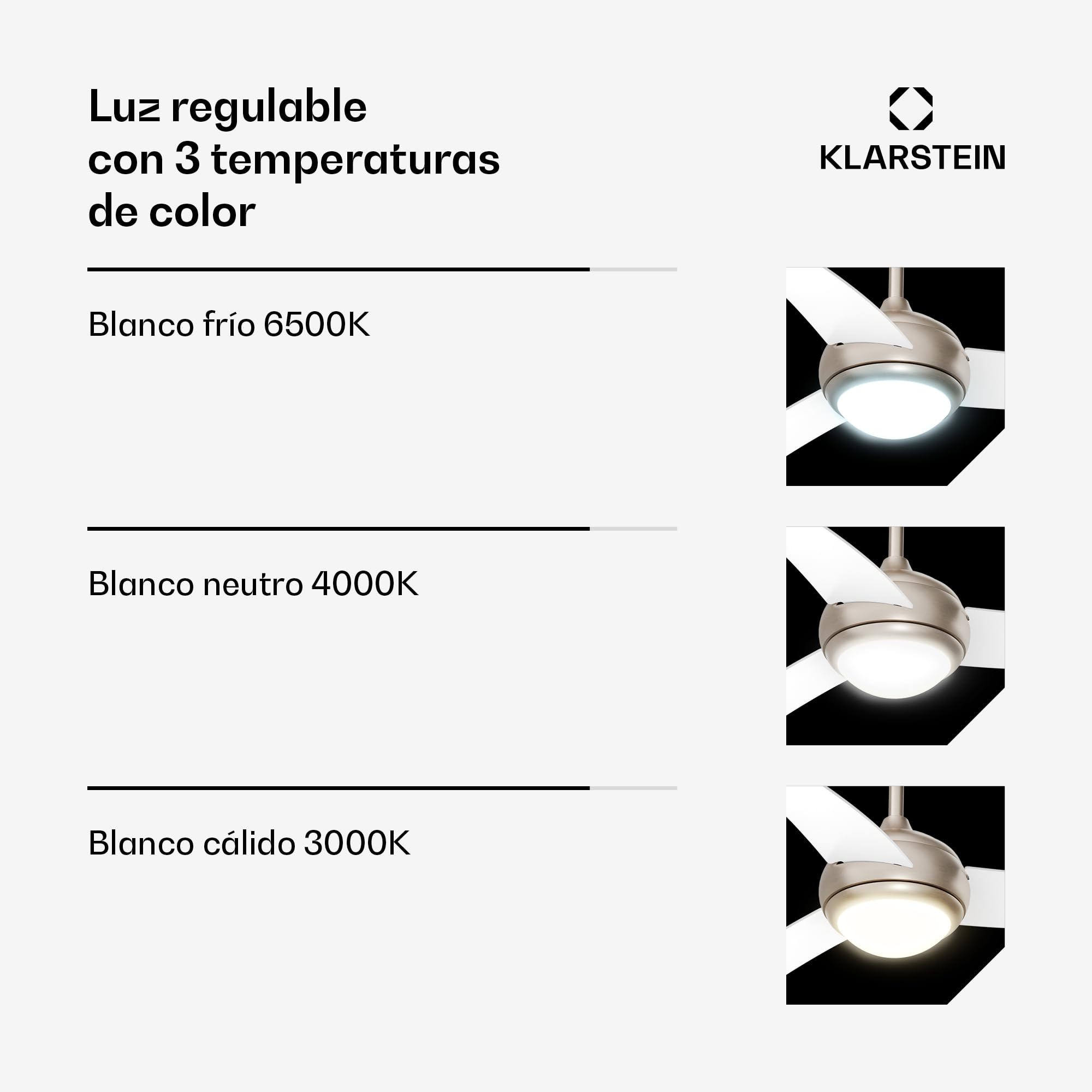 KLARSTEIN El Paso Ventilador de Techo con Luz – Silencioso, 6 Velocidades, Mando a Distancia, 3 Aspas, Interior & Exterior, Lámpara LED, 132cm, Reversible, White