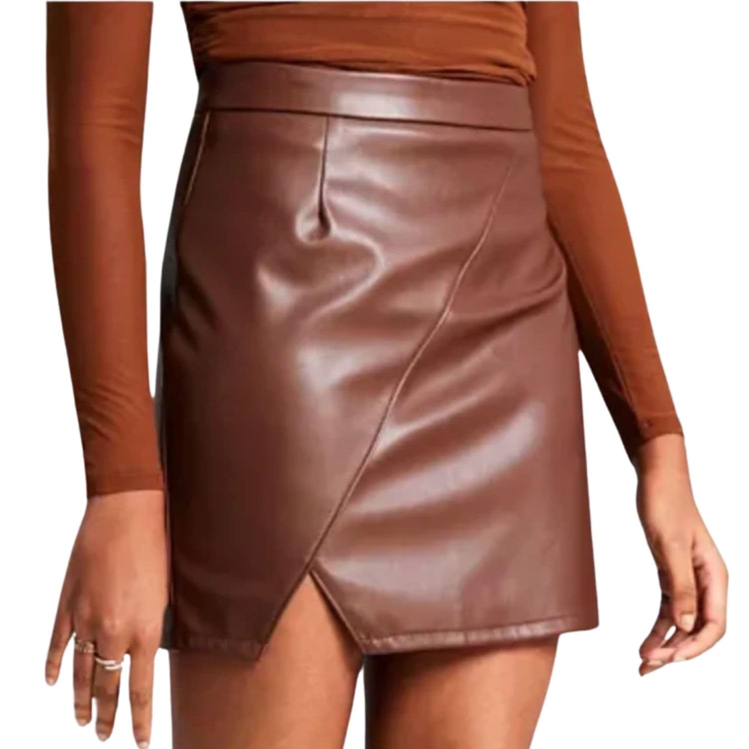 aiza n aizal Faux Leather Women's Side Slit Skirt Sleek and Stylish Addition Skirts for Women Tan Color with Side Zipper-picture-33