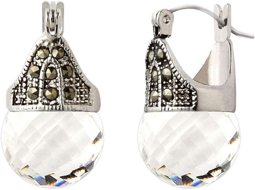 Hematite and Ball Hinged Pierced Earrings - Swarovski Crystal Faceted
