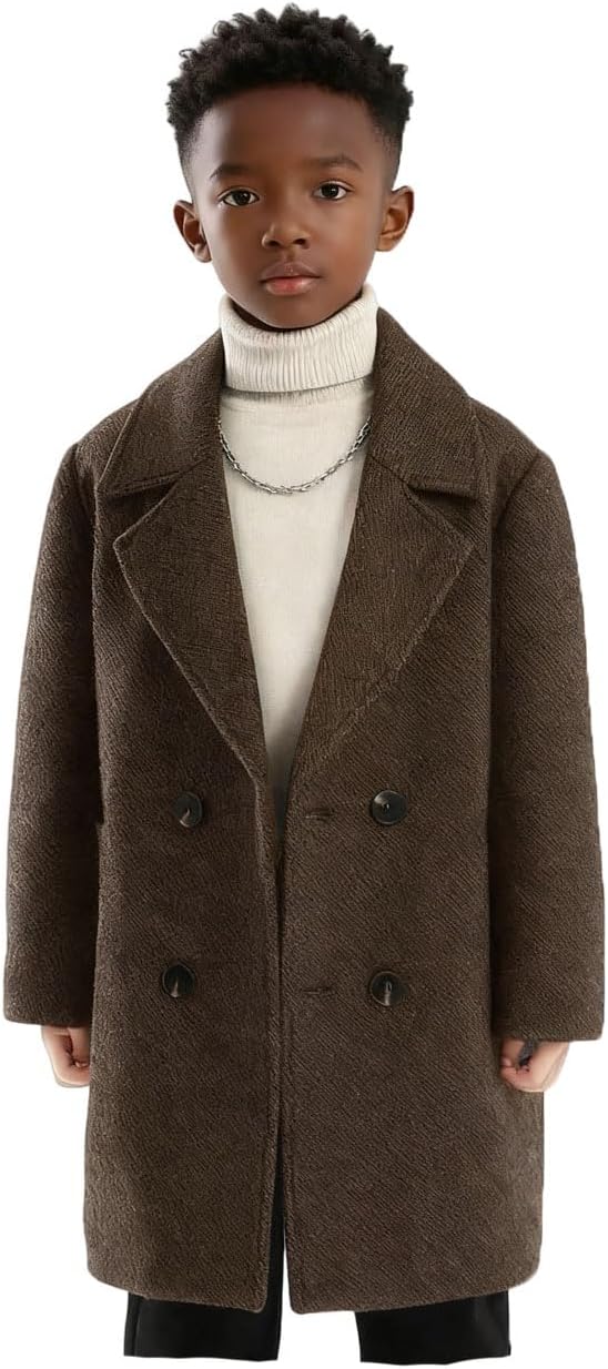Boys Double Breasted Twill Overcoat Casual Warm Winter Dress Coat Wedding Formal Christmas New Year Eve